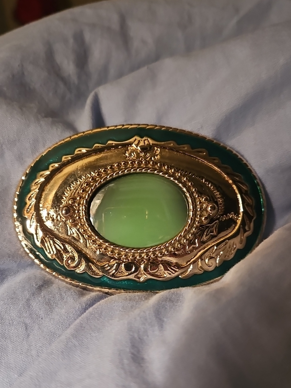 Gold-Tone Green Centerstone Belt Buckle